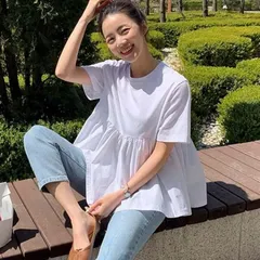 レディース カットソー トップス 半袖 夏 春 カジュアル きれいめ ギャザー バックフリル ペプラム バックペプラム Aライン tシャツ