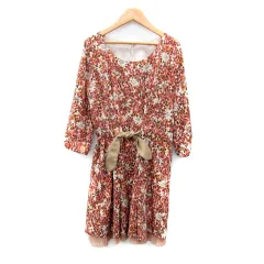 プロポーション ボディドレッシング PROPORTION BODY DRESSING ワンピース ひざ丈 七分袖 ラウンドネック 花柄 マルチカラー リボン 2 ピンク /SY45