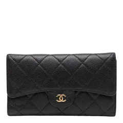 シャネル マトラッセ ココマーク 三つ折り財布 長財布 ブラック キャビアスキン レディース CHANEL【1-0262797】