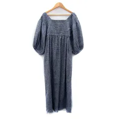 カスタネ Kastane ワンピース ロング丈 マキシ丈 七分袖 スクエアネック ギンガムチェック柄 1 紺 ネイビー 白 ホワイト /SY40