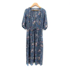 アズノウアズ as know as ワンピース ロング丈 五分袖 スリットネック 花柄 マルチカラー ブルー /SY47