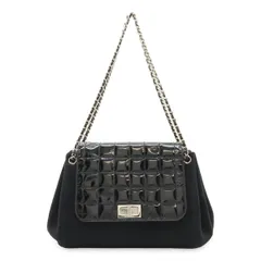CHANEL シャネル 2.55 チョコバー チェーンバッグ ショルダーバッグ キルティング コットン エナメル パテントレザー ブラック 黒 シルバー金具