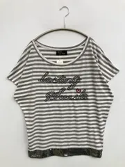 CECIL McBEE セシルマクビー Tシャツ/カットソー M グレー ボーダー柄 前面プリント 刺繍 ミドル丈 半袖 ボートネック