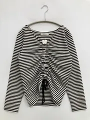 CECIL McBEE セシルマクビー Tシャツ/カットソー M ブラック ボーダー柄 リボン ミドル丈 長袖 ボートネック