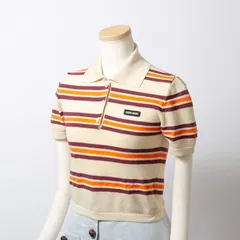 ミュウミュウ MIU MIU コットンシルク ニットポロ レディース 36 イタリア製 トップス ポロシャツ 半袖 ボーダー ストライプ ショート丈 タイト Y2K フェミニン レトロ USED