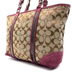 COACH y2k signature bedead totebag コーチ シグネチャー柄 ビーデッド トートバッグ キャンバススェード素材 ブラウン ピンク パープル