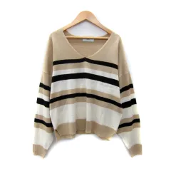 アズールバイマウジー AZUL by moussy ニット カットソー 長袖 Vネック ボーダー柄 オーバーサイズ F ベージュ /SY32
