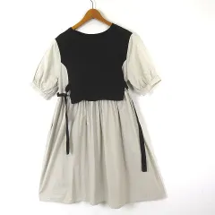 ワンピース  チュニック フレア ギャザー レイヤード 重ね着風 サイドベルト 半袖 M ベージュ 黒 ブラック