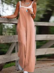 【桃色】サロペット レディース オールインワン ワイドパンツ ゆったり 楽ちん 体型カバー 夏 ナチュラル カジュアル