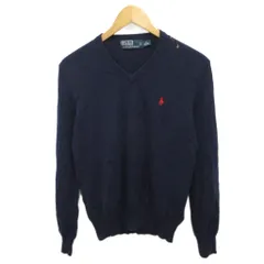 ポロ バイ ラルフローレン Polo by Ralph Lauren ニット セーター Vネック ロゴ刺繍 ポニー刺繍 ウール XS 紺 ネイビー ■MET2