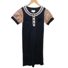 ローラアシュレイ LAURA ASHLEY ワンピース ひざ丈 半袖 レース リーフ柄 紺 ネイビー 0 約S