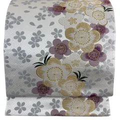 【美品】 袋帯 名品 振袖向き 梅 金糸 箔 灰白 六通 正絹 【中古】