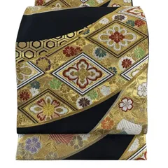 袋帯 秀品 花菱 糸巻き 金銀糸 唐織 黒 六通 正絹 【中古】