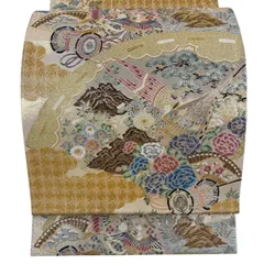 袋帯 秀品 楽器 花鳥 金糸 箔 金色 六通 正絹 【中古】