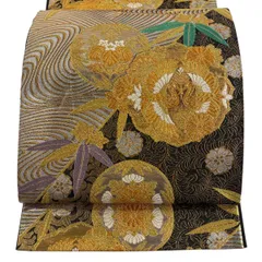 【美品】 袋帯 秀品 向かい鳥 花唐草 金糸 箔 黒 六通 正絹 【中古】