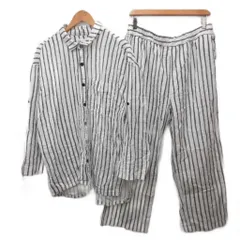 ジェラートピケ gelato pique JOEL ROBUCHON パジャマ セットアップ ルームウェア シャツ イージーパンツ 長袖 ストライプ L 白 ホワイト グレー PMFT201960