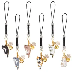 【特価セール】ギフト 雑貨 工芸品 6色 和式キーホルダー アクセサリーパーツ ナイロンコードループ エナメルペンダント 花チャーム 猫キーホルダー 6点 OLYCRAFT