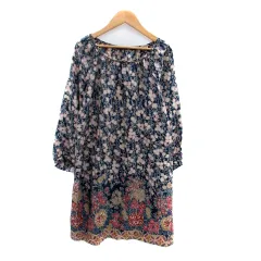 コントワーデコトニエ COMPTOIR DES COTONNIERS ワンピース ラウンドネック 長袖 ミニ丈 花柄 シルク 36 S マルチカラー 紺 ネイビー /HO5