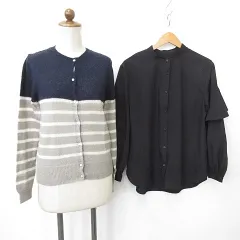 ニコアンド Niko and.. ジーユー GU カーディガン ブラウス 2枚セット 長袖 丸首 マオカラー フリル ボーダー 紺 グレー 黒 ネイビー ブラック M