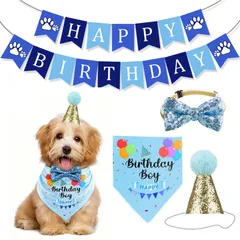 犬 バースデー 誕生日 帽子 ペット飾り付け 犬 猫 帽子 おしゃれ バンダナ 蝶ネクタイ 記念日 バナー パーティー飾り バースデー 犬おもちゃ 4点セット（ブルー）