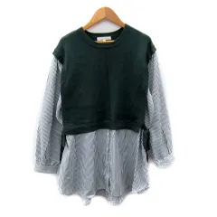 グローブ grove シャツ ブラウス 長袖 ラウンドネック ニットベスト付き レイヤード風 ストライプ柄 M 紺 緑 白 /SY19