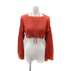 タン TAN クロシェニット カットソー ショート丈 長袖 ラウンドネック シースルー F オレンジ /SY9