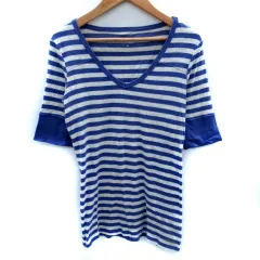 カルバンクライン CALVIN KLEIN Tシャツ カットソー 五分袖 Vネック ボーダー柄 M 青 ブルー ライトグレー /SM20のサムネイル