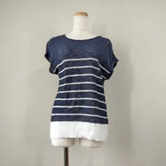 J.FERRY ジェイフェリー 麻混 ボーダー ニット セーター L 濃紺 白 綿麻 リネン コットン 洗える フレンチスリーブ 春夏