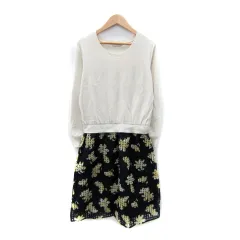 エニィスィス エニシス anySiS ドッキングワンピース ミモレ丈 長袖 ラウンドネック 花柄 ギンガムチェック柄 2 オフホワイト 紺 ネイビー /SY2