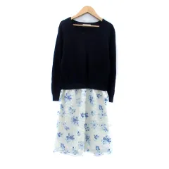 エニィスィス エニシス anySiS ドッキングワンピース ニット カットソー ラウンドネック 長袖 ミモレ丈 花柄 2 M 紺 ネイビー オフホワイト /HO5