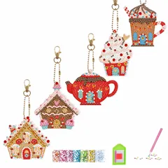 ダイヤモンドアートキーホルダーキット5個、初心者が適用DIY両面ダイヤモンドビーズ刺繍、クリスマスプレゼント、誕生日または手作りクラフト (ティーポット)