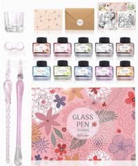 【在庫セール】10色 ペン セット 2本 レター インク 保護ケース 豪華セット ガラスペン ((ピンクパッケージ))