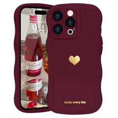 LAPOPNUT iPhone 16 Pro 用 ケース ウェーブ ハート おしゃれ 可愛い 韓国 柔軟な TPU 軽量 耐衝撃 落下防止 スマホケース ストラップホール付き 落下保護 衝撃吸収 携帯電話カバー(ワインレッド) 1