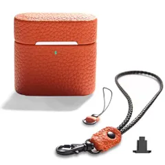 レザー AirPods 4用ケース - プレミアムライチ柄本革カバー（無料ネックストラップ＆イジェクターツール付属）、ワイヤレス充電対応、耐衝撃設計＆LEDインジケーター搭載 (オレンジ色です, 正常)ｍａ