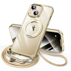 iPhone14 用 ケース ダブルリング付き ショルダー ストラップ付き 多機能360度回転スタンド MagSafe対応 ワイヤレス充電対応 耐衝撃 薄型 透明 PC + 軽量 シリコン TPUバンパー おしゃれ スマホケース (ゴールド, iPhoneｍａ