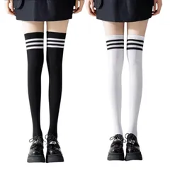 【人気商品】ニーハイソックス 靴下 2点セット（黒+白）セクシー ハイソックス 美脚 cosplayや制服用 JK オーバーニーソックス レディーズ コスプレ コスチューム用小物