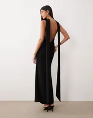 エイソス レディース トップス ワンピース クレープ スキューバ マキシ ASOS DESIGN crepe scarf detail maxi dress with plunge back in scubastyle fabric Black ブラック