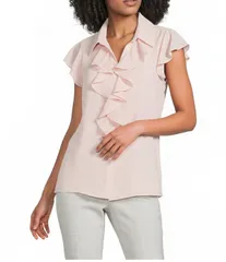 カルバンクライン レディース トップス シャツ ジョーゼット フリル キャップ Calvin Klein Georgette Point Collar Cap Sleeve Ruffle Frontopetal