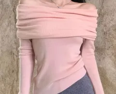 ピンク オフショルダー ニット 長袖 Tシャツ