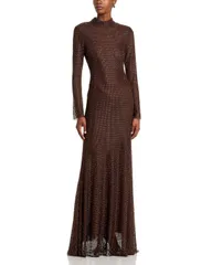 セルフ・ポートレイト レディース トップス ワンピース メッシュ マキシ SelfPortrait Rhinestone Mesh Maxi Dress Brown ブラウン