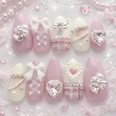 【No.18】パープル ハート リボン ネイルチップ 量産型 地雷系 y2k 原宿 韓国 ワンホン オルチャン  編み込み チェック ゴテゴテ ビジュー ライブ 推し活 お出かけ デート 春ネイル ロングネイル 可愛い