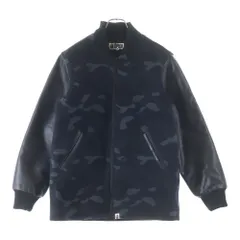 A BATHING APE (アベイシングエイプ) BLACK CAMO LEATHER VARSITY JACKET ブラックカモ総柄 アームレザー切替 ウールバーシティジャケット ジップアップブルゾン ブラック 001HJ0801003Xのサムネイル