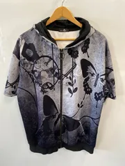 ピC315⚫︎NieR CLOTHINGニーアクロージング⚫︎パーカー⚫︎半袖⚫︎フルジップアップ⚫︎ドローコード⚫︎リングパーツ⚫︎総柄⚫︎オーバーサイズ●ユニセックス●レディース⚫︎sizeF⚫︎モノトーン