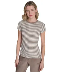 ダナ キャラン ニューヨーク レディース トップス Tシャツ クルーネック DKNY Sport Womens Hudson Rib Crew Neck TShirt Mushroomivory アイのサムネイル
