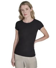 ダナ キャラン ニューヨーク レディース トップス Tシャツ クルーネック DKNY Sport Womens Hudson Rib Crew Neck TShirt Black ブラックのサムネイル