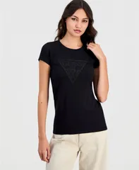 ゲス レディース トップス Tシャツ 半袖 レース ロゴ GUESS Womens Lux Triangle Lace Logo ShortSleeve TShirt Jet Black A996 ブラック
