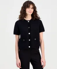 アンクライン レディース アウター ニット・セーター コットン カーディガン Anne Klein Womens Cotton OpenKnit ButtonFront Cardiganne Blacのサムネイル