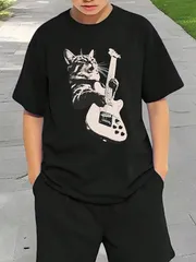 送料無料 ジュニア（エレキギターを弾く猫）熱転写3Dプリント面白いTシャツ パロディ 子供服 男の子 女の子 小学生 中学生 半袖 夏「背面印刷可､備考必須」
