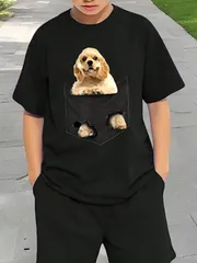 送料無料 ジュニア（ポケットに入った犬　ブラック）熱転写3Dプリント面白いTシャツ パロディ 子供服 男の子 女の子 小学生 中学生 半袖 夏「背面印刷可､備考必須」