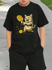 送料無料 ジュニア（ピックルボール選手 ピックルボールの猫）熱転写3Dプリント面白いTシャツ パロディ 子供服 男の子 女の子 小学生 中学生 半袖 夏「背面印刷可､備考必須」